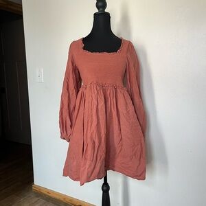 Anthropologie Erin Fetherston Smocked Babydoll Dress in Warm Brown